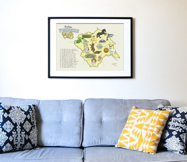 Yorkshire pub map illustration framed