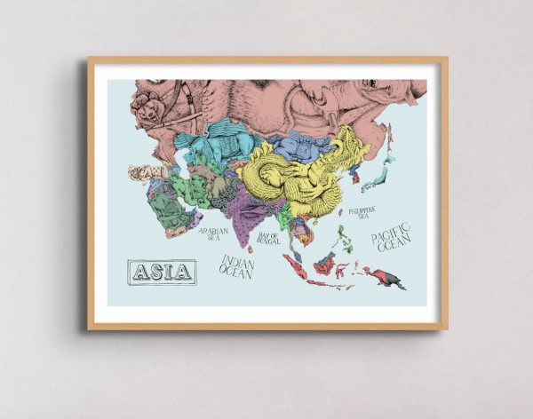 Illustrated Asia map framed