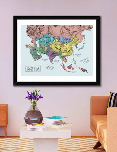 Illustrated Asia map framed 2