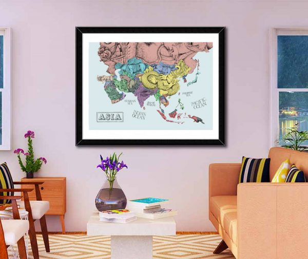 Illustrated Asia map framed 2